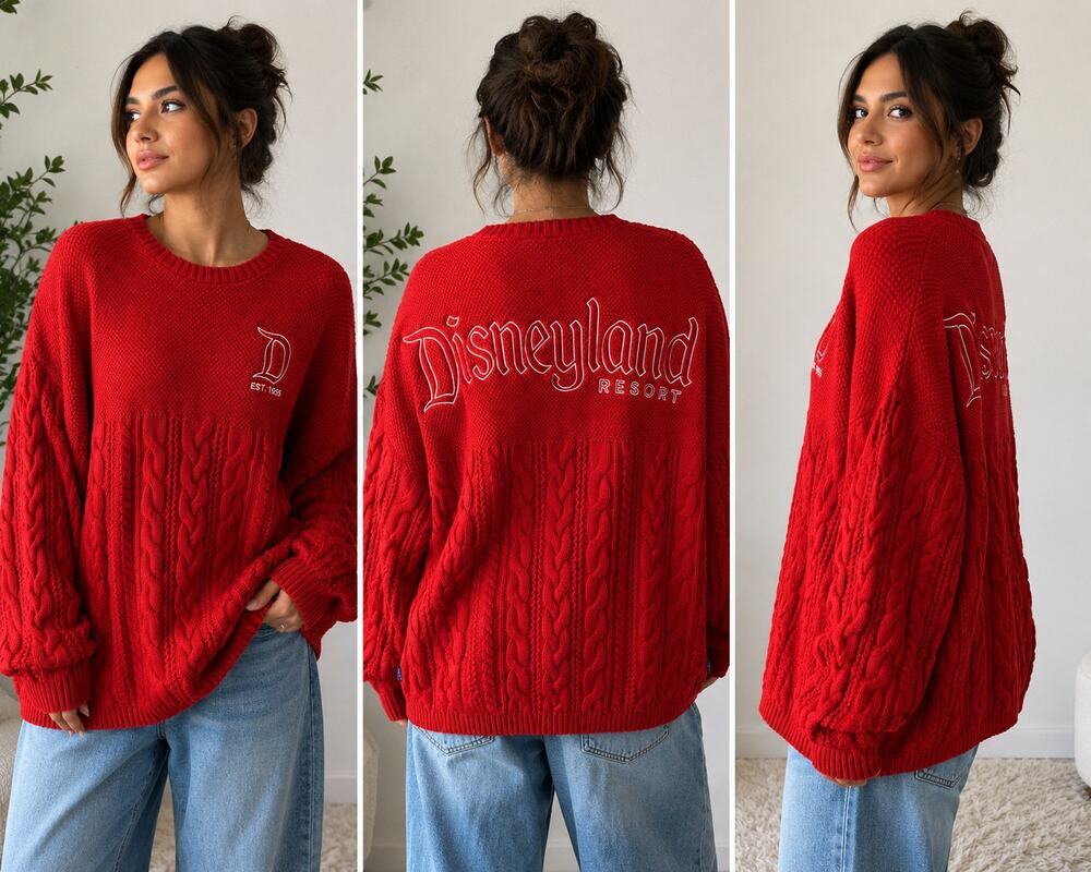 Disneyland Resort Cable Knit Sweater XXL Red Spirit Jersey Embroidered Mickey